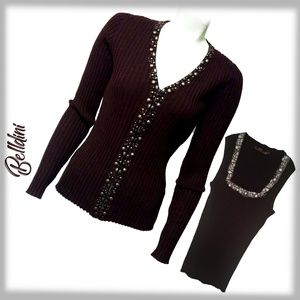 BELLDINI -  Rib-Knit Beaded Sweater & Tank  - M
